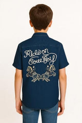 CHARCHIT Boys Half Sleeves Embroidered Shirt Blue