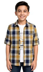 CAVIO Boys Checkered Casual Shirt with T-Shirt Gold