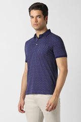 Men Navy Print Polo Neck T-Shirt
