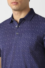 Men Navy Print Polo Neck T-Shirt
