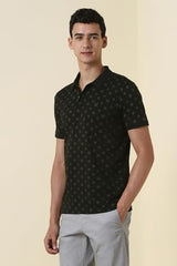 Men Black Print Polo Neck T-Shirt