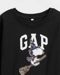 Girls' Snoopy Character Print Crew Neck Drop-Shoulder T-Shirt, Black, 4Y