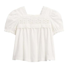 Girls' Cut-Work Square Neck Puff Sleeves Peasant Top, Off White, 2Y