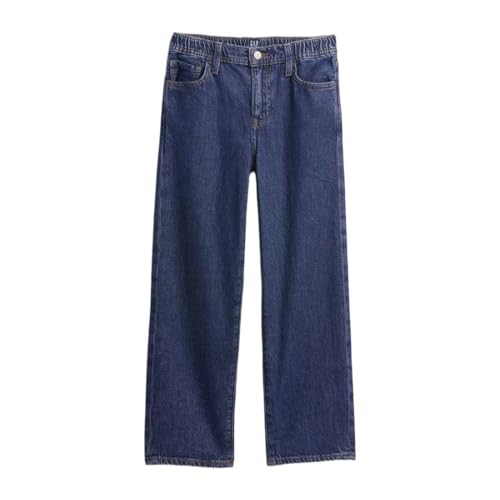 Boy wearing dark blue Gap relaxed heavy-wash jeans for boys size 10 years, showing front view with pockets and belt loops.
