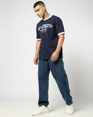 Men's Letter Relaxed Ringer T-Shirt, Navy, L