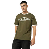 Men Letter Ringer Relaxed Fit Crew Neck T-Shirt, Dark Green, L