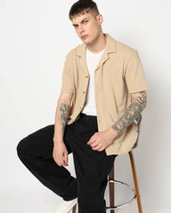 Men's Solid Camp Shirt, Light Brown, L