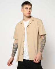 Men's Solid Camp Shirt, Light Brown, L