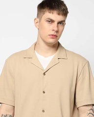 Men's Solid Camp Shirt, Light Brown, L