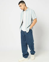 Men's Striped Spread Collar Shirt, Light Blue, L