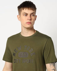 Men Letter Slim Fit Crew Neck T-Shirt, Dark Green, L