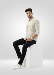 Men Spykar Beige Print Regular Fit Shirt