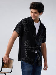 Men Spykar Black Print Regular Fit Shirt