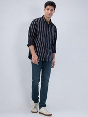 Men Spykar Black Stripe Regular Fit Shirt