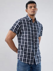 Men Spykar Blue Check Regular Fit Shirt