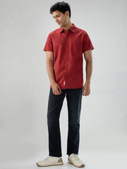 Men Spykar Red Solid Regular Fit Shirt