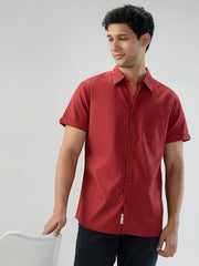Men Spykar Red Solid Regular Fit Shirt