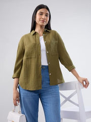 Women Spykar Green Solid Regular Fit Shirt