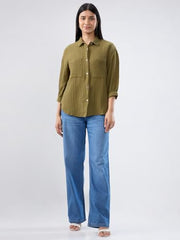 Women Spykar Green Solid Regular Fit Shirt