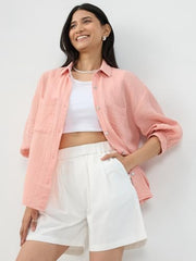 Women Spykar Pink Solid Regular Fit Shirt