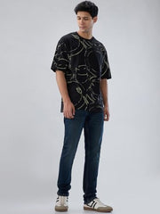 Men Spykar Black Print Relaxed Fit T-Shirt