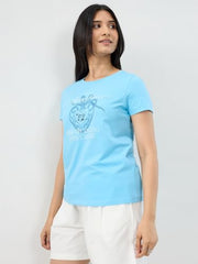 Women Spykar Blue Graphic Regular Fit T-Shirt