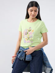 Women Spykar Green Graphic Regular Fit T-Shirt