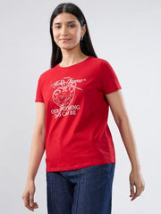 Women Spykar Red Graphic Regular Fit T-Shirt