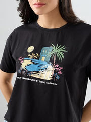 Spykar Black Graphic Boxy Fit T-Shirts for Women