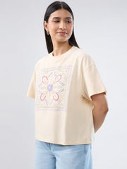 Women Spykar Beige Graphic Oversized Fit T-Shirt