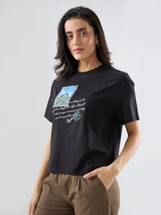 Spykar Black Graphic Oversized Fit T-Shirts for Women
