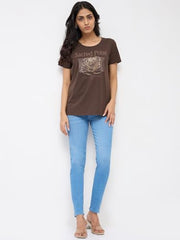Spykar Brown Graphic Regular Fit T-Shirts for Women