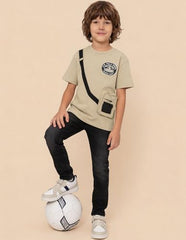 USPA Kids Boys Solid Oversized Fit T-Shirt (UKTSH2545_Beige_12-18 M)