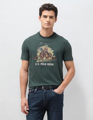 U.S. Polo Assn. men's olive green graphic printed slim fit T-shirt with brand logo, short sleeves, and crew neckline.