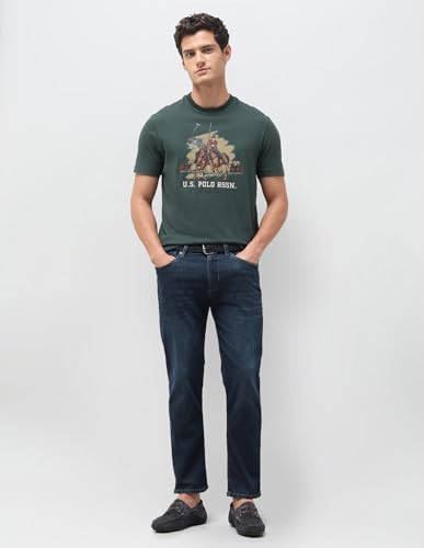 Olive green U.S. Polo Assn. men's graphic slim fit long sleeve T-shirt with printed brand logo and design, casual style.