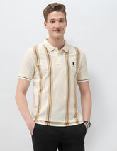 U.S. Polo Association men's vertical striped Sotogrande slim fit polo shirt, long sleeve, classic collar, in white and navy colors.