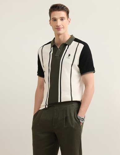 U.S.Polo Association men's vertical striped colorblocked Sotogrande polo shirt, long-sleeve T-shirt in classic style with polo branding.