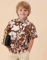 U.S.Polo boys floral printed boxy fit shirt, long sleeve shirt for kids, featuring colorful floral pattern and casual style.
