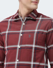 U.S. Polo Association men's Windowpane checked New Port Marina casual shirt, front view showing blue and white pattern.