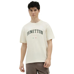 United Colors of Benetton Boxy Fit Round Neck Embroidered T-Shirt (Size : 2XL) - 26P30OEJ3221I074 Cream