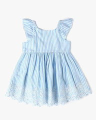 Girls' Vertical Stripes Square Neck Flutter Sleeves Princess Frock Dress, Blue, 2Y