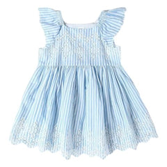 Girls' Vertical Stripes Square Neck Flutter Sleeves Princess Frock Dress, Blue, 2Y