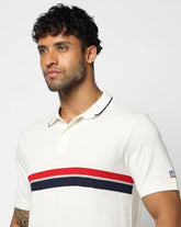 Men's Horizontal Stripes Slim Fit Polo Neck T-Shirt, Off White, L