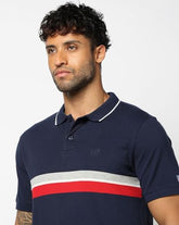 Men's Horizontal Stripes Slim Fit Polo Neck T-Shirt, Navy Blue, S