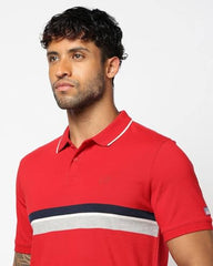 Men's Horizontal Stripes Slim Fit Polo Neck T-Shirt, Red, L