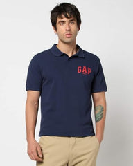 Men's Logo Print Slim Polo Neck Polo T-Shirt, Navy Blue, M