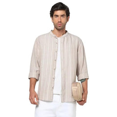 Men's Vertical Stripes Mandarin Collar Shirt, LT.Brown, M