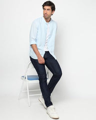 Men's Vertical Pinstripes Mandarin Collar Shirt, Blue, M