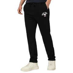 Black Gap men's regular fit mid-rise joggers with elastic waistband and side pockets, shown laid flat.