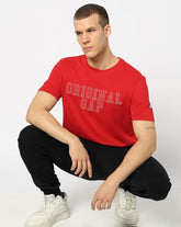 Men's Embroidered Crew Neck Half Sleeves Slim Fit T-Shirt, Red, S